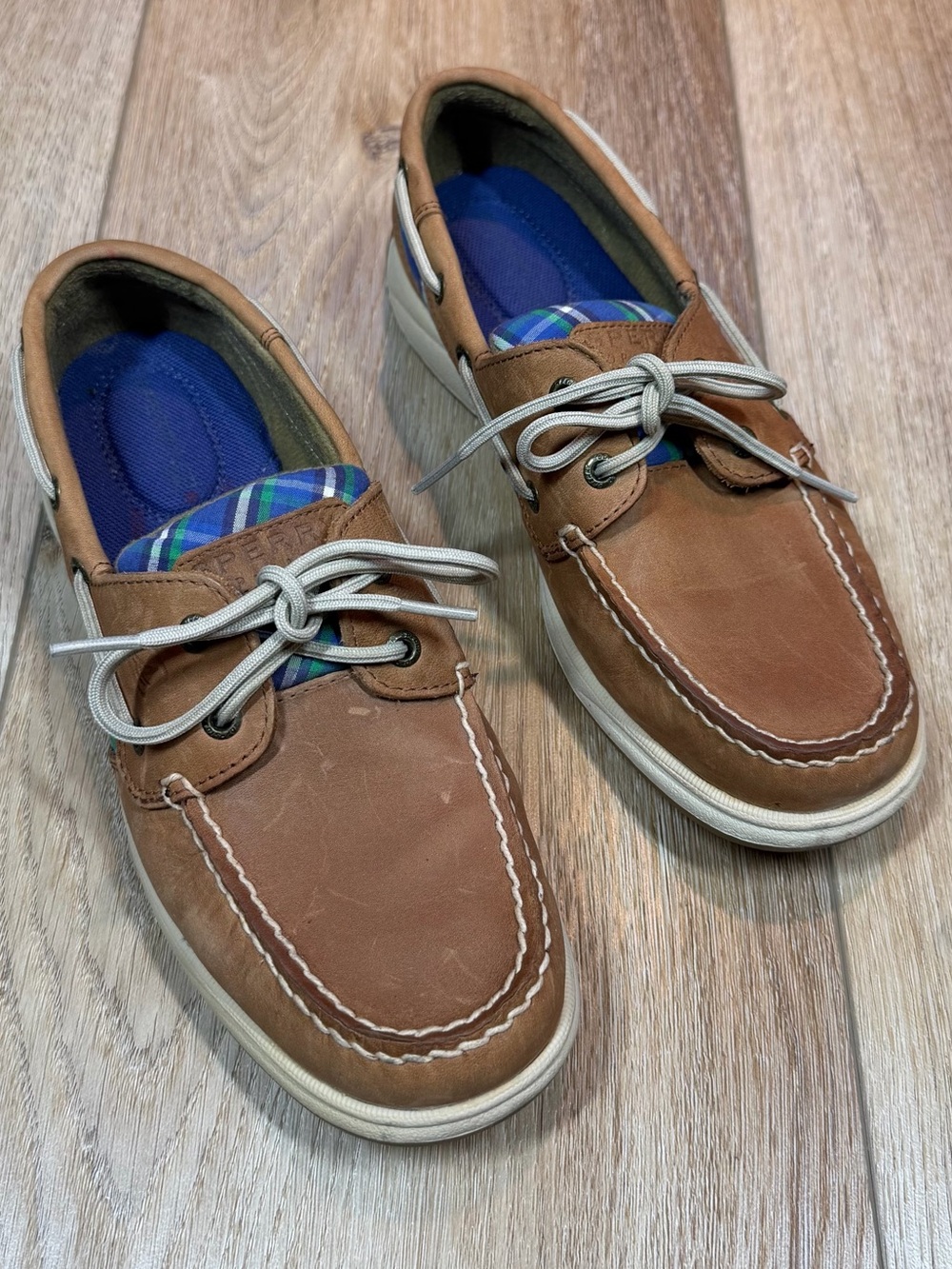 Sperry Top-Sider Intrepid Tan Leather & Blue Plaid Boat Shoes - Size 7.5 Preppy